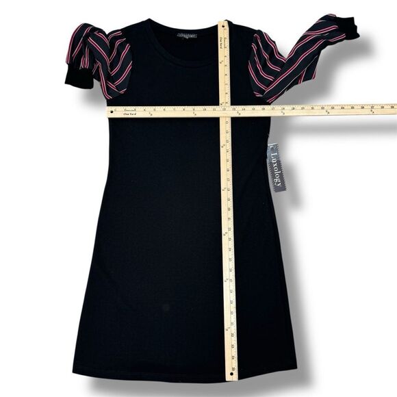 Luxology Jersey Knit Sheer Striped Sleeve Shift Dress Black XS - Picture 11 of 12
